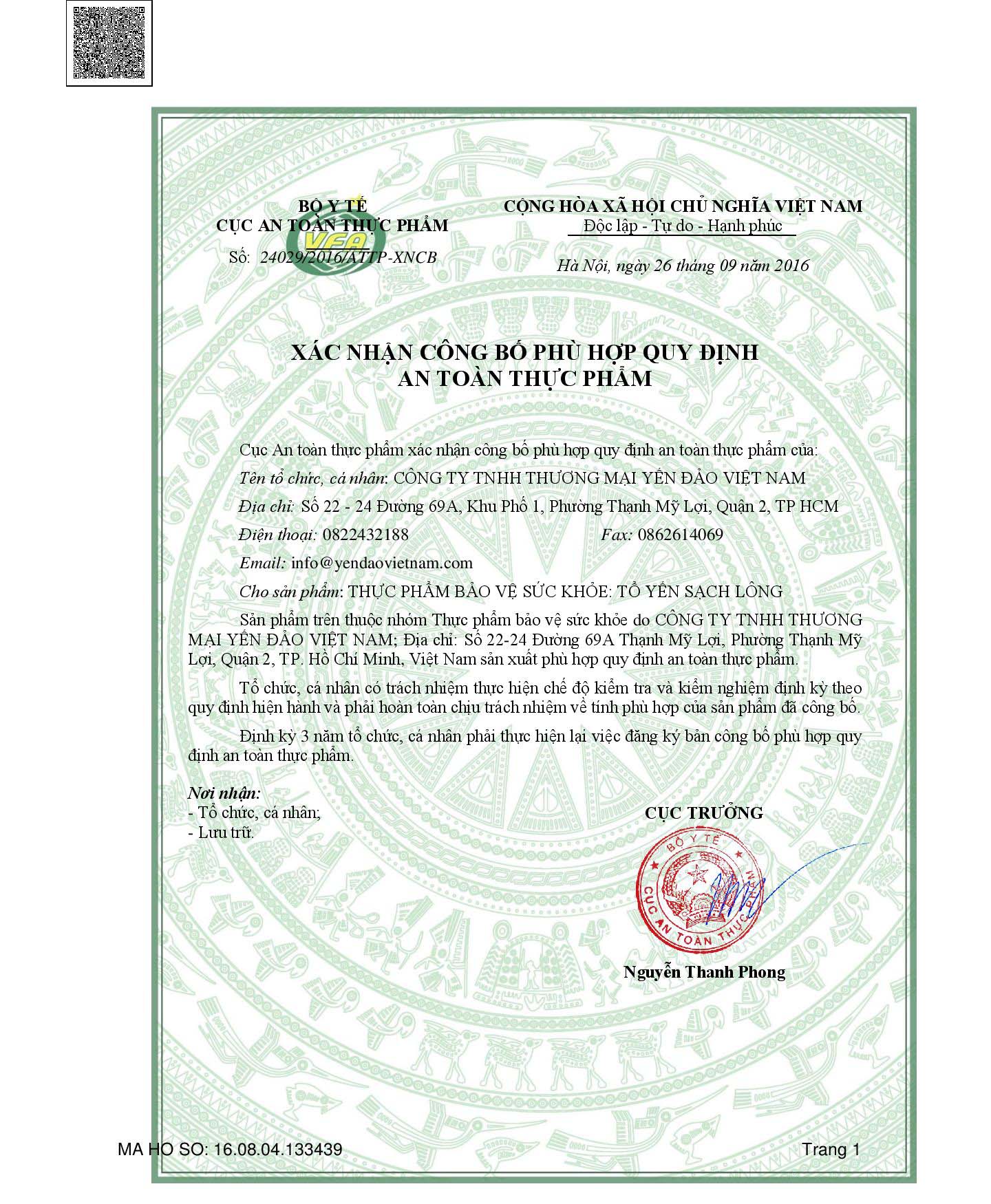 Công bố đủ điều kiện vệ sinh an toàn thực phẩm năm 2016